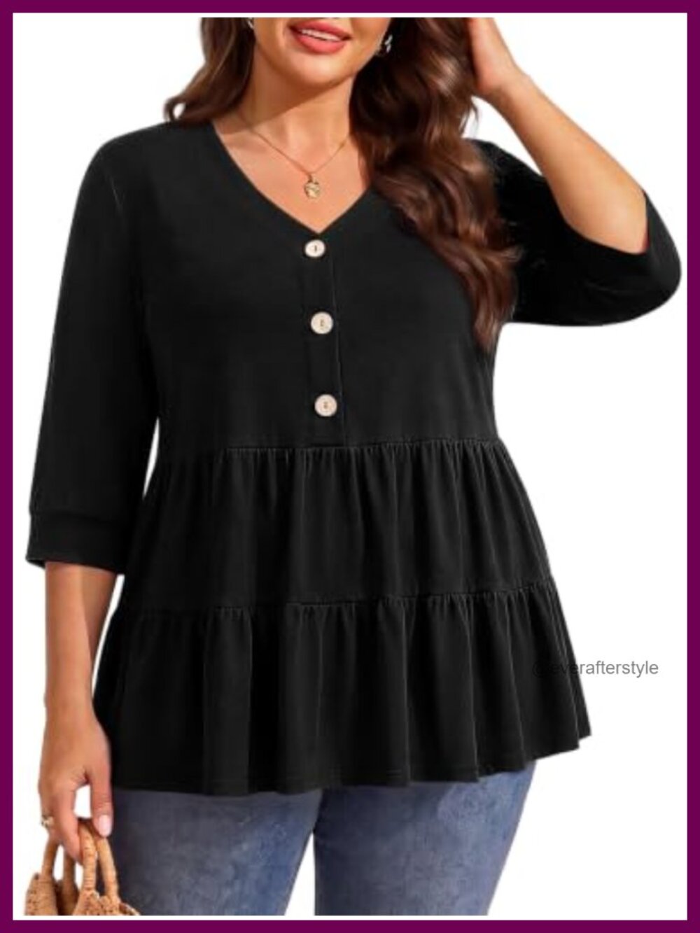 Plus Size Peplum Blouse 3/4 Sleeve V Neck Button Front Tunic